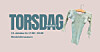 Rosa arrangementsplakat med stor «TORSDAG»-tekst og illustrasjon av et lyst denimplagg.
