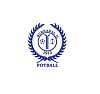 Blå og hvit Surnadal Football-logo med laurbærkrans og fotballmotiv.